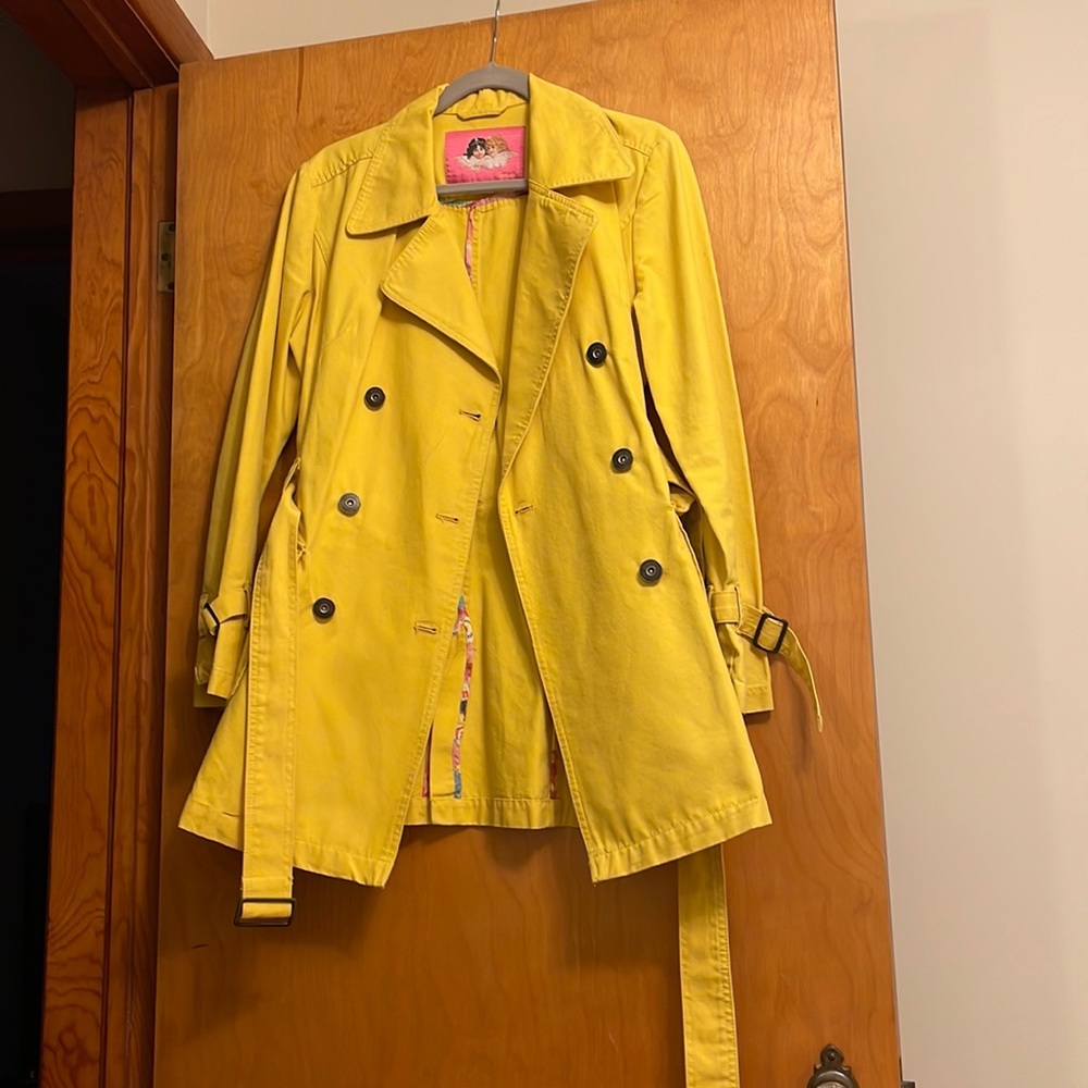 Fiorucci Womens Coat Size Medium Trench Denim Feel Double Breast Mustard Yellow.